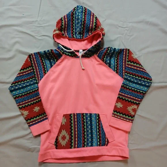 Blue Footed Design Hoodie Womens M Hot Pink Neon Aztec Mayan Native - Picture 1 of 13
